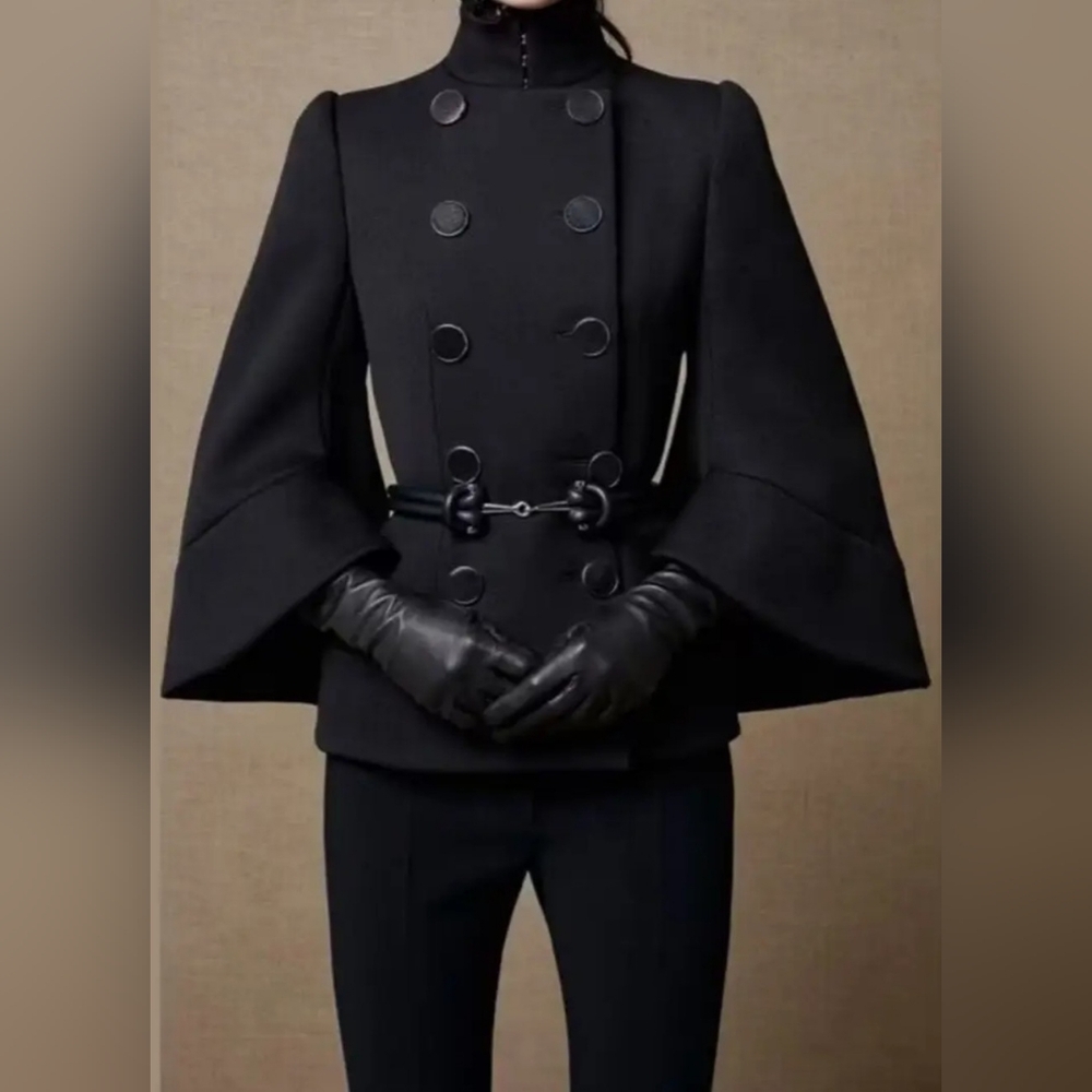 Elegant Black Double-Breasted Cape Coat